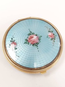 Vintage M&K Guilloche Enamel Powder Compact Blue with Hand Painted Roses