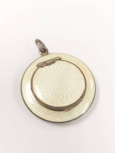 Antique Guilloche Enamel Miniature Compact Pendant Sterling Silver Cream Yellow