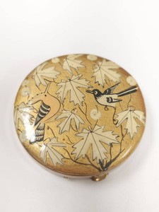 Vintage Gwenda Brass Powder Compact Bird & Maple Leaf Gold Foil England