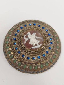 Antique Milrone French Champleve Enamel Cameo Powder Compact Blue Rhinestone