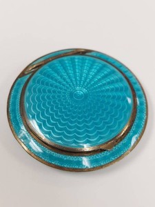 Antique Austrian 935 Sterling Silver Teal Guilloche Enamel Rouge Compact