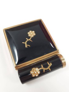 Vintage 1930s K&K Kotler Kopit Black Enamel Rhinestone Flower Compact Lipstick