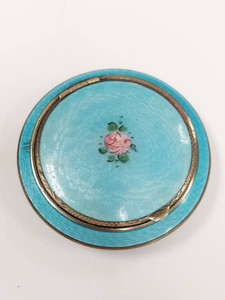 Vintage Art Deco Blue Guilloche Enamel Compact Hand Painted Rose