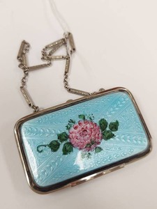 Antique Art Deco Blue Guilloche Enamel Compact Dance Purse Hand Painted Rose