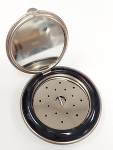 Vintage Black Enamel Powder Compact Scenic Lid Mirror Round Case