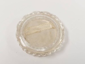 Vintage Clear Plastic Powder Jar Compact w Puff Scalloped Beaded Edge