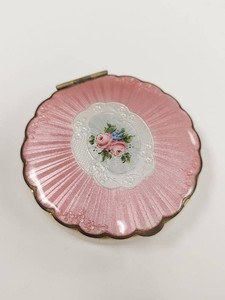 Vintage Pink Guilloche Enamel Floral Powder Compact Round Vanity Case
