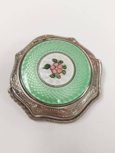 Vintage Guilloche Enamel Powder Compact Green Floral Silver Tone