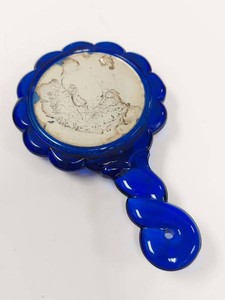 Vintage Cobalt Blue Plastic Hand Mirror Powder Compact w Puff