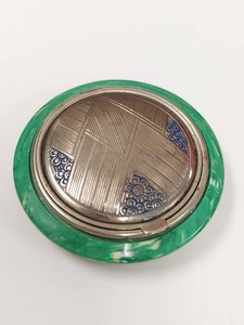 Vintage Art Deco Powder Compact Green Bakelite Style Blue Enamel