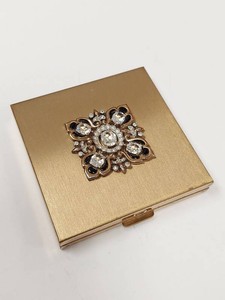 Vintage Trifari Gold Tone Rhinestone Square Compact Mirror Case