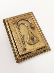 Vintage Gold Tone Compact Case Floral Coral Accent Art Deco Vanity