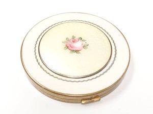 Vintage Shields Enamel Powder Compact Pink Rose Gold Tone Mirror