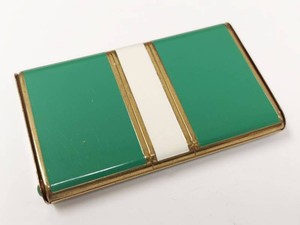 Vintage Enamel Makeup Compact Green White Gold Tone Mirror Case