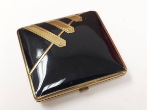Vintage Rigaud Black Enamel Gold Tone Square Compact Art Deco Style