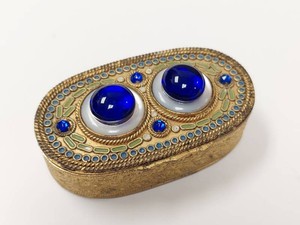 Antique French Jeweled Vanity Compact Box Blue Glass Enamel Oval