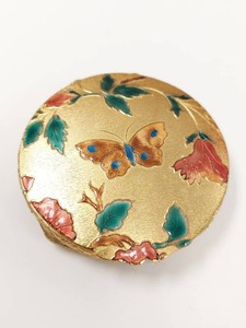 Vintage Italian Gold Tone Enameled Butterfly Floral Powder Compact