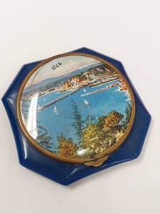 Vintage Nice France Souvenir Powder Compact Blue Plastic Mirror Case