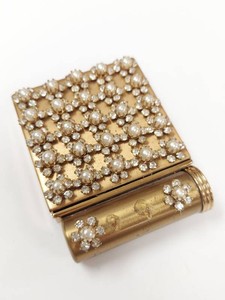 Vintage Gold Tone Rhinestone Faux Pearl Compact Lipstick Holder Combo