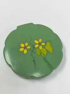 Vintage Japanese Green Floral Plastic Powder Compact Mirror Puff
