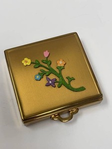 Vintage Gold Tone Floral Enamel Powder Compact Mirror 1930s Patent