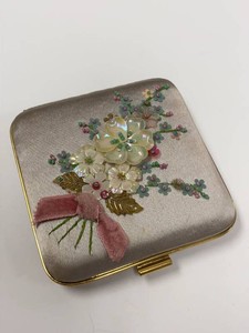 Vintage French Satin Floral Sequin Powder Compact Mirror Square