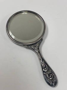 Vintage Denmark Silver Plate Hand Mirror Figural Cracker Barrel Scene