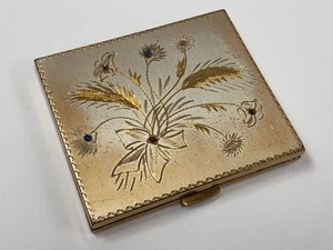 Vintage French Goldtone Powder Compact Mirror Floral Jeweled Case