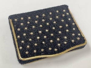 Vintage Black Beaded Faux Pearl Powder Compact Mirror Case