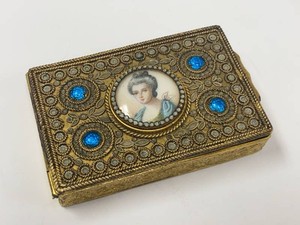 Antique French Style Gilt Metal Portrait Compact Blue Cabochon Case