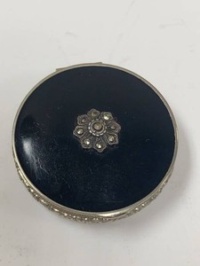 Vintage Art Deco Black Enamel Powder Compact Mirror Puff Marcasite