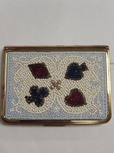 New Light Beaded Playing Card Compact Mirror Goldtone Vanity Case