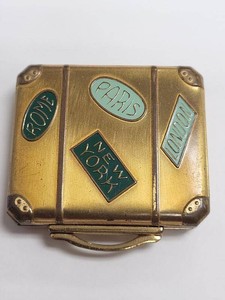 Vintage Suitcase Shaped Powder Compact Mirror Travel Sticker Design