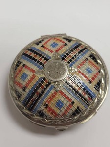 Vintage Enameled Mosaic Double Dome Powder Rouge Compact Mirror