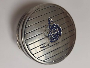 Vintage Lanchere Blue Rose Round Powder Compact Mirror Silver Tone