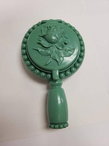 Trie-ette Vintage Green Plastic Hand Mirror Compact w Lipstick Holder