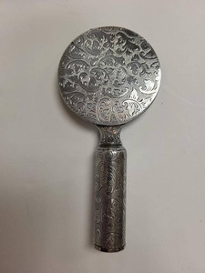 S&F Denmark Engraved Silver Plate Hand Mirror Compact Lipstick Handle