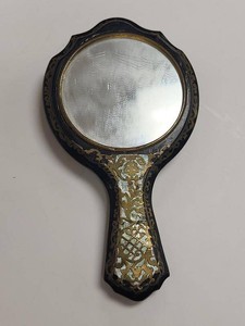 Vintage Petit Point Hand Mirror Powder Compact Celluloid Filigree