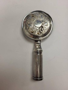 Vintage German Silver Engraved Compact Hand Mirror w Lipstick Holder