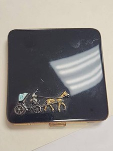 Vintage French Black Enamel Powder Compact Horse & Carriage Motif