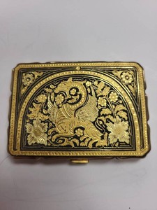 Vintage Japanese Brass Powder Compact Dragon Floral Beveled Mirror