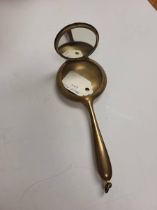 Vintage Gold Tone Hand Mirror Compact Vanity Purse Pendant 4.5in