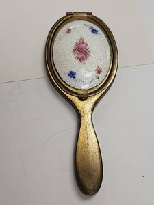 Vintage Guilloche Enamel Hand Mirror Powder Compact Floral Gold Tone