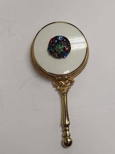 Vintage Jeweled White Enamel Gold Tone Compact Hand Mirror Puff