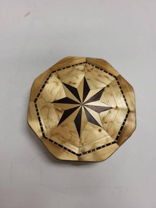Vintage Polish Marquetry Wood Compact Mirror Octagonal Star Inlay