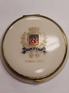 Vintage Paris 1937 Powder Compact Coat of Arms Round Vanity Case