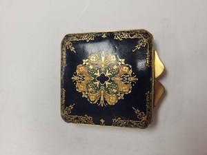 Vintage Italian Blue Leather Powder Compact Gilt Tooled Floral Square