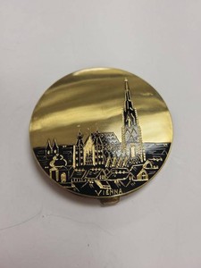 Vintage Vienna Scenic Gold Tone Black Enamel Powder Compact Mirror