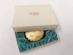 La Mode Vintage Gold Tone Rhinestone Powder Compact w Box Mirror