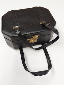 Vintage Black Fitted Vanity Case w Mirror Brass Cosmetic Jars Set